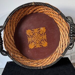 Vintage Decorative Woven Basket with metal and wood Handles. Hand painted